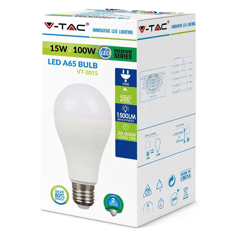 bec led A65 e27 15w 4500k alb neutru v-tac